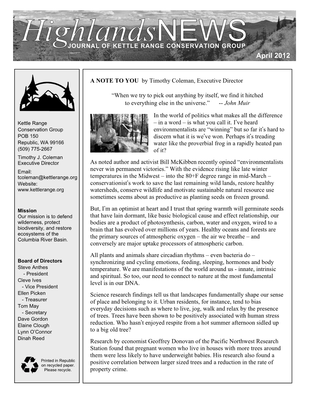 Highlandsnews JOURNAL of KETTLE RANGE CONSERVATION GROUP April 2012