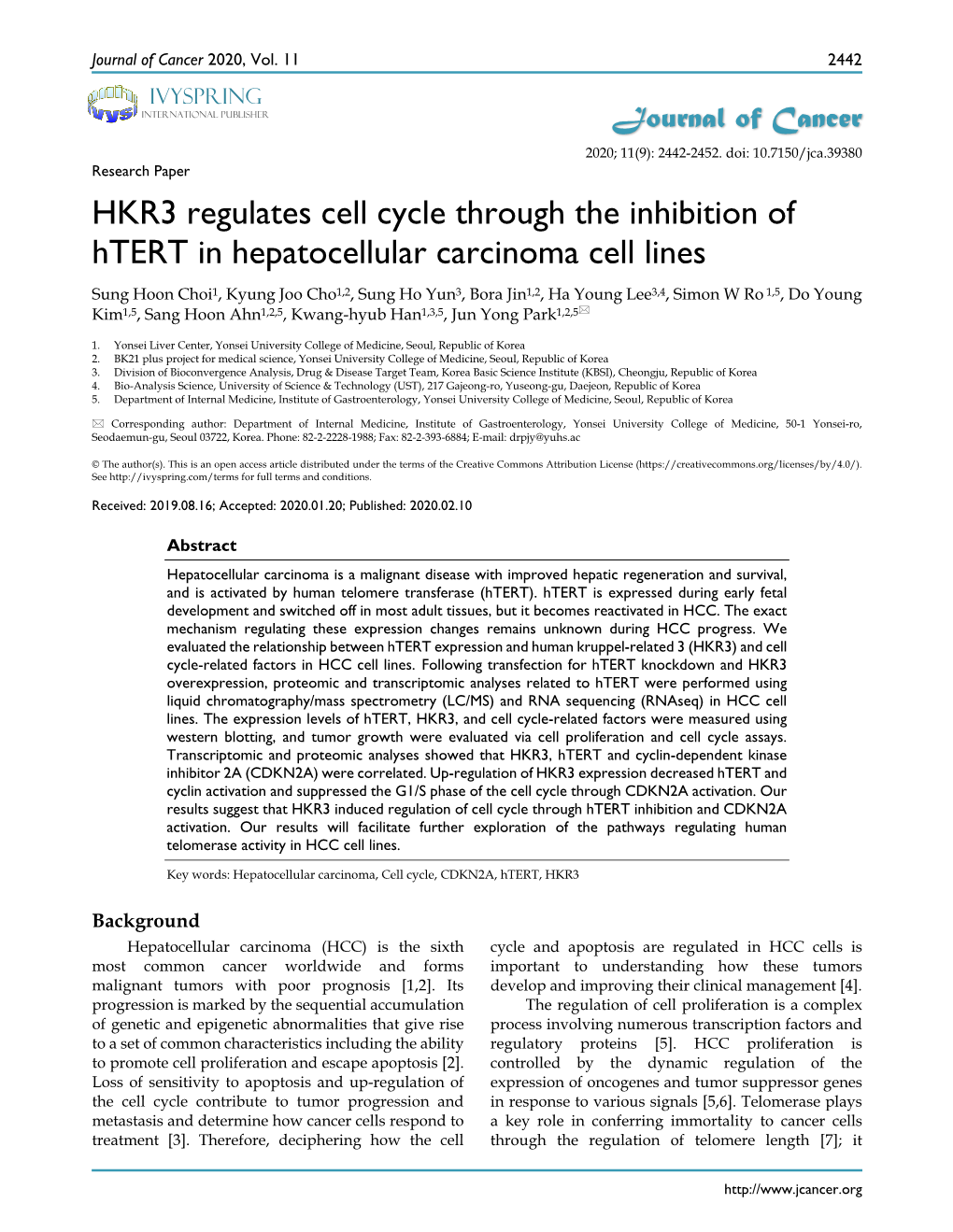 HKR3 Regulates Cell Cycle Through the Inhibition of Htert In