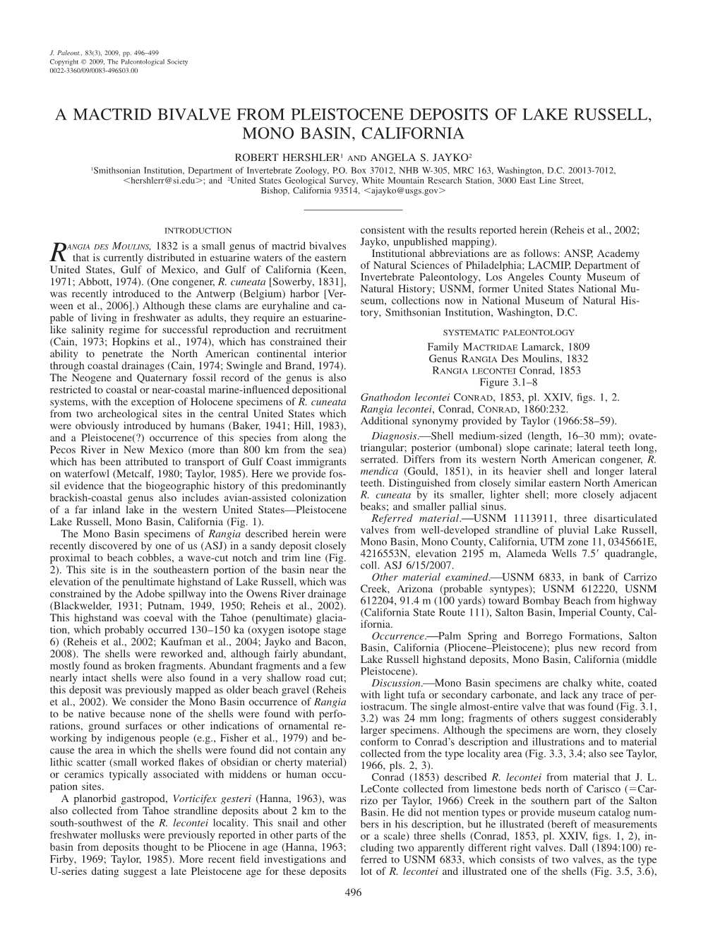 A Mactrid Bivalve from Pleistocene Deposits of Lake Russell, Mono Basin, California