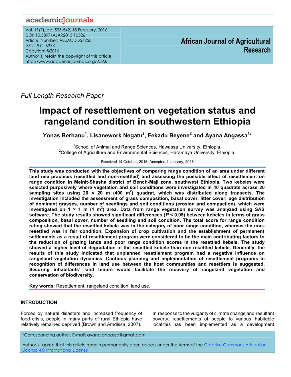 Impact of Resettlement on Vegetation Status and Rangeland Condition in Southwestern Ethiopia