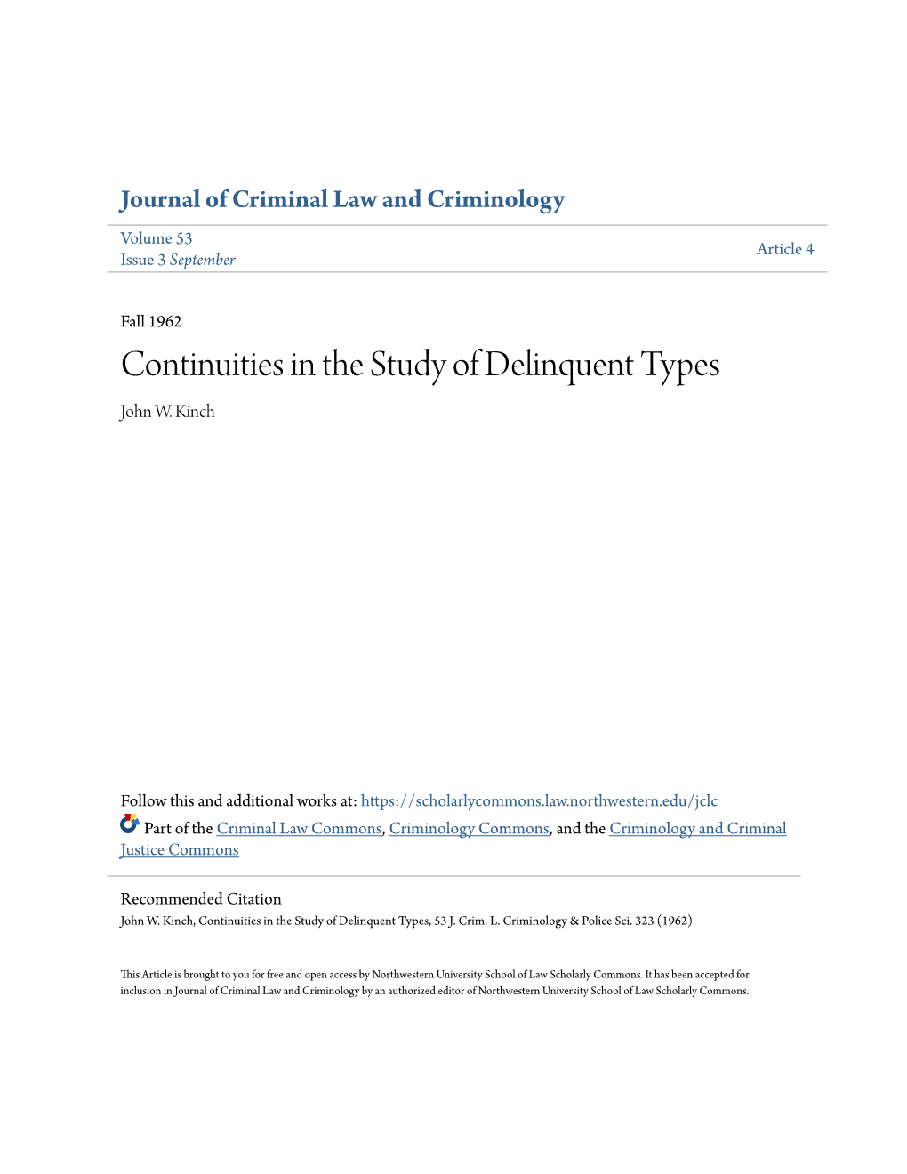 Continuities in the Study of Delinquent Types John W