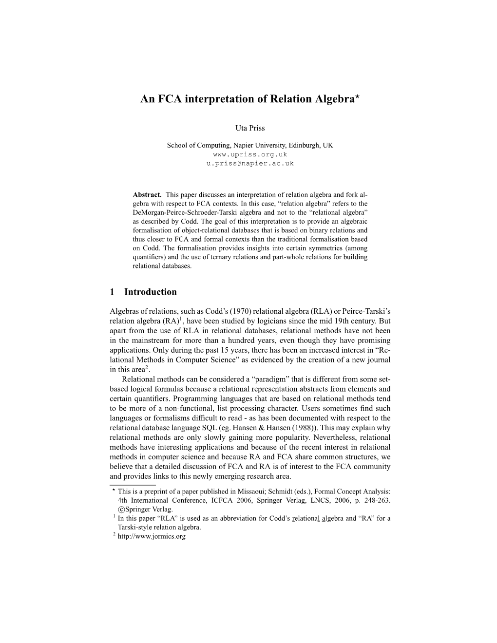 An FCA Interpretation of Relation Algebra*