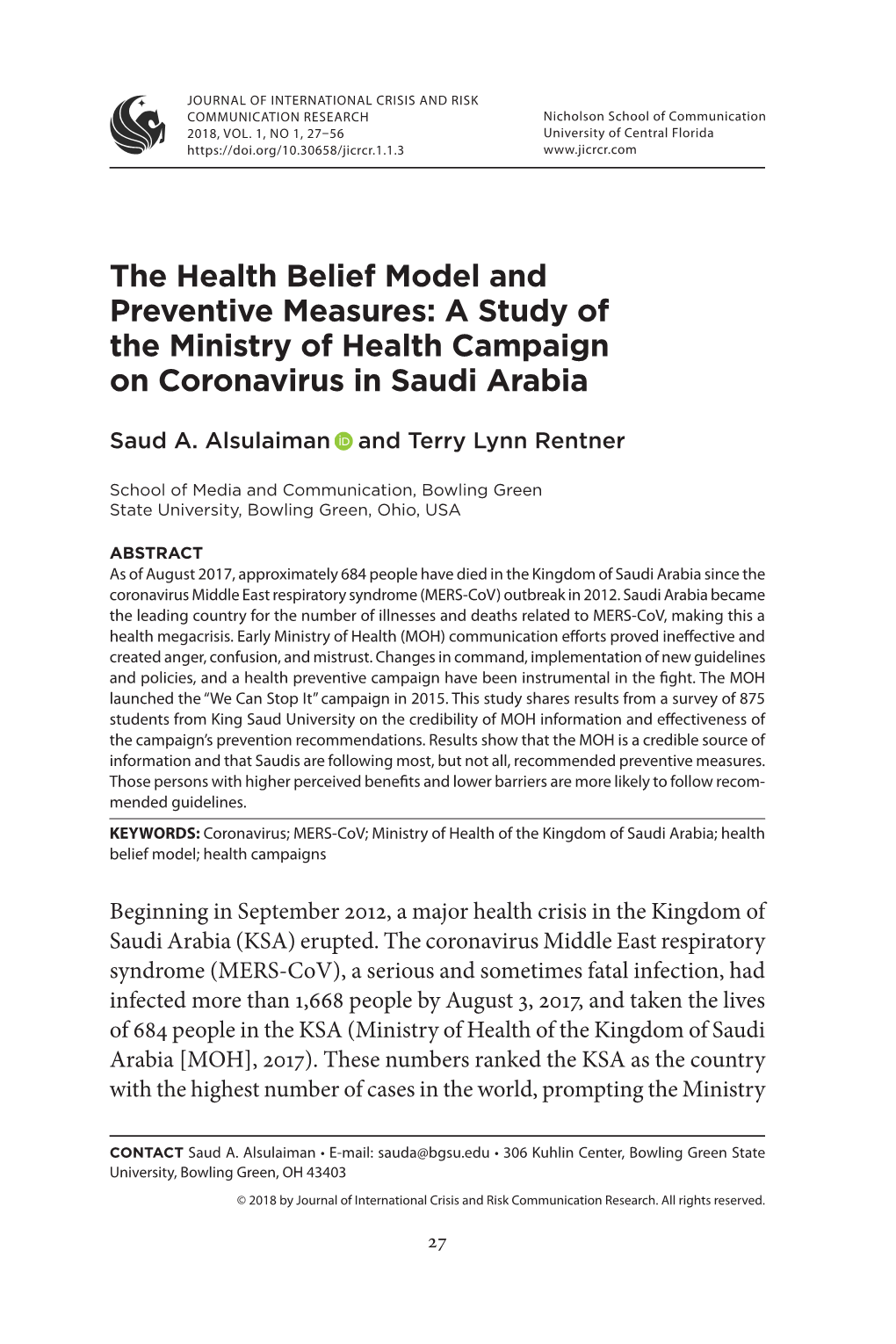 The Health Belief Model and Preventive Measures: a Study of the Ministry of Health Campaign on Coronavirus in Saudi Arabia