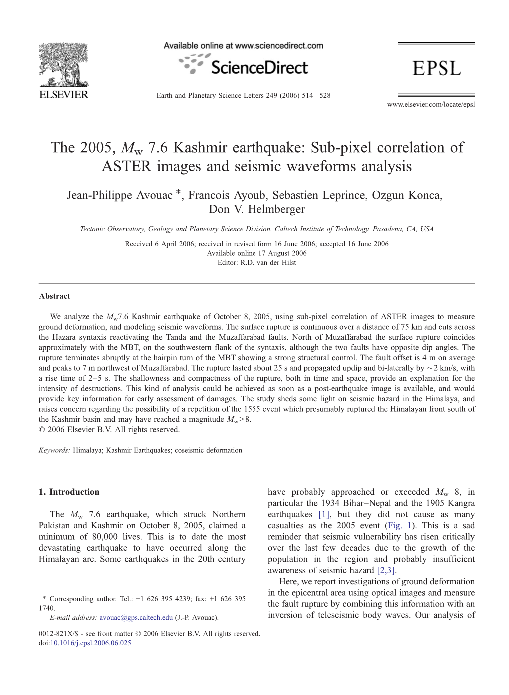 The 2005, Mw 7.6 Kashmir Earthquake