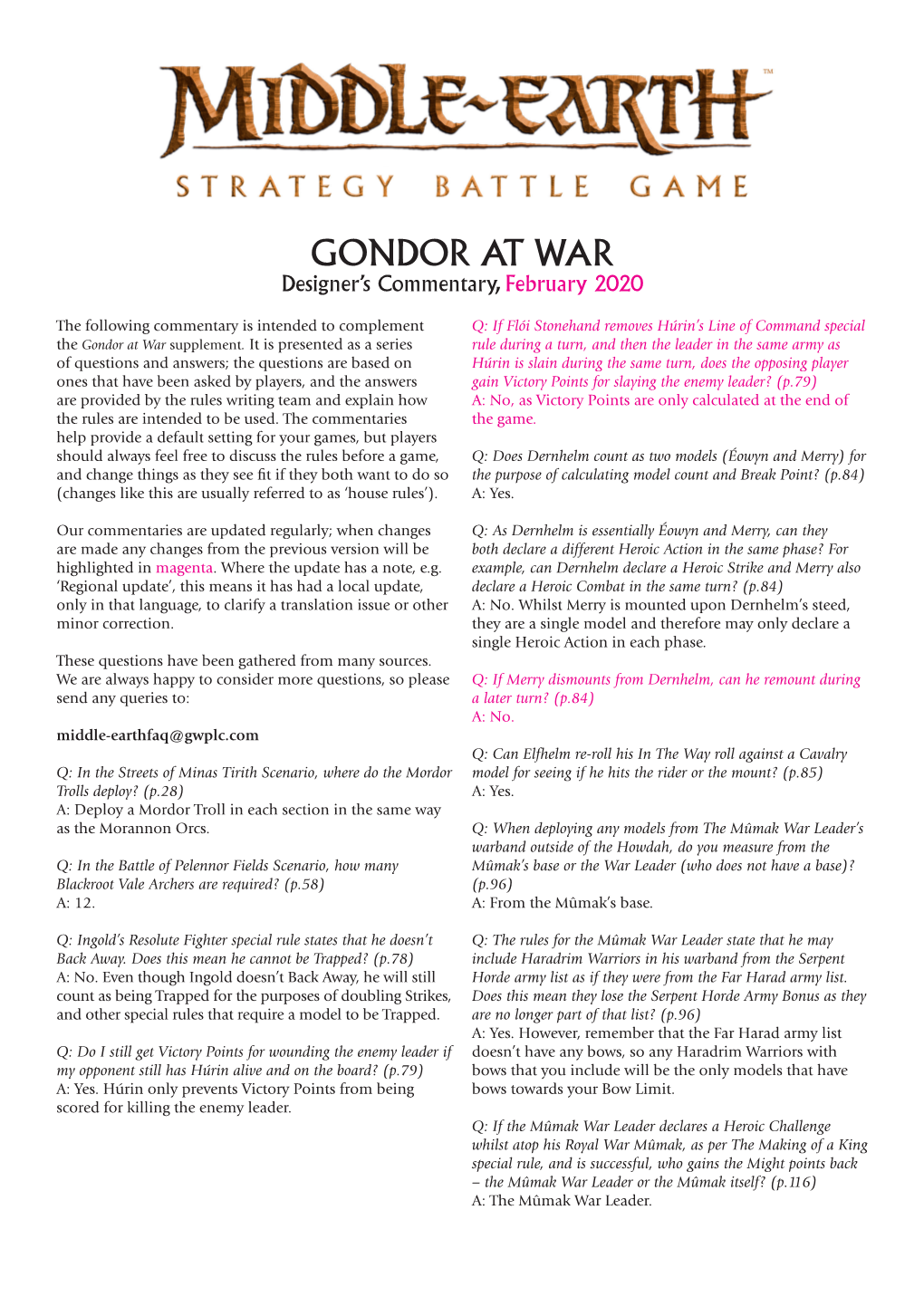 GONDOR at WAR Designer’S Commentary, February 2020