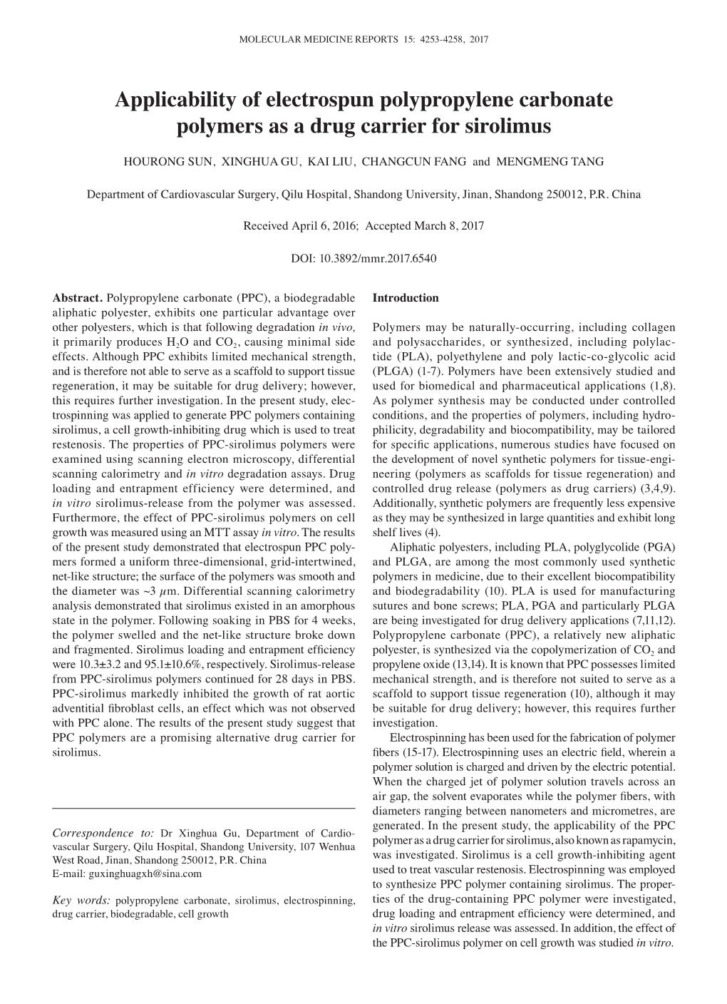 Applicability of Electrospun Polypropylene Carbonate Polymers As a Drug Carrier for Sirolimus