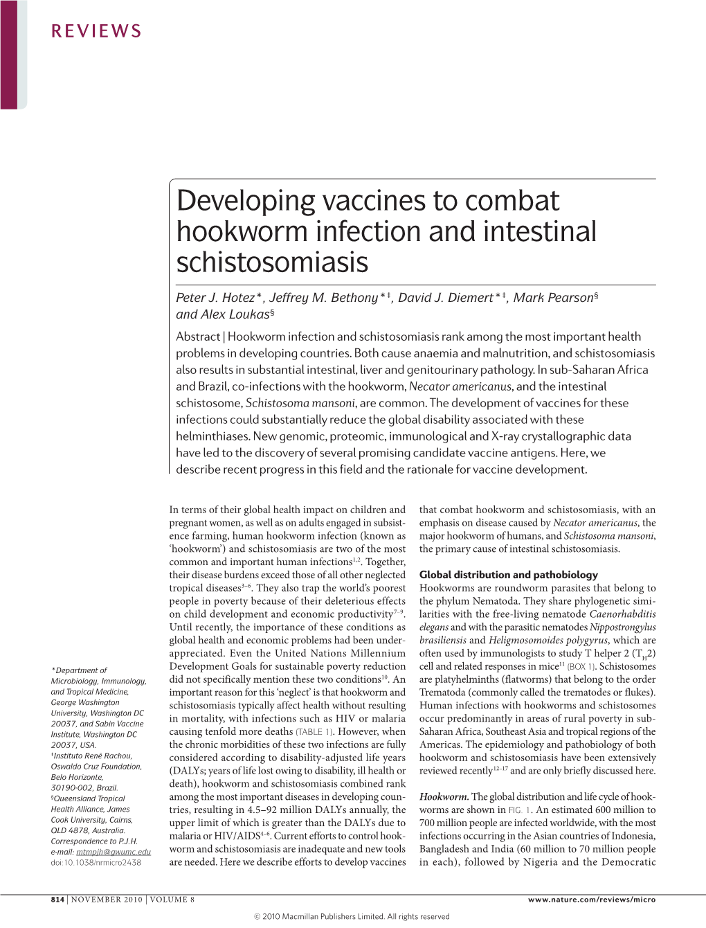 Developing Vaccines to Combat Hookworm Infection and Intestinal Schistosomiasis