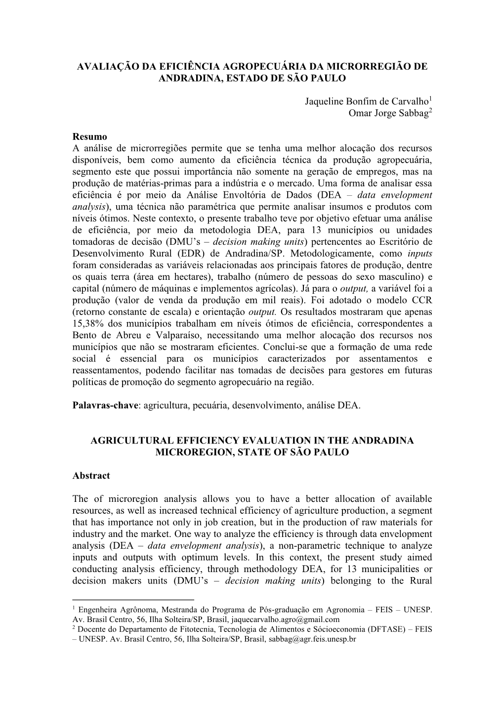 Avaliação Da Eficiência Agropecuária Da Microrregião De Andradina, Estado De São Paulo