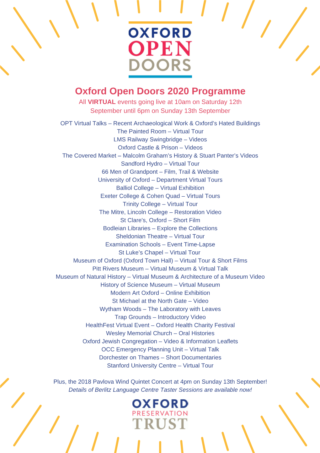 Oxford Open Doors 2020 Programme All VIRTUAL Events Going Live at 10Am on Saturday 12Th September Until 6Pm on Sunday 13Th September