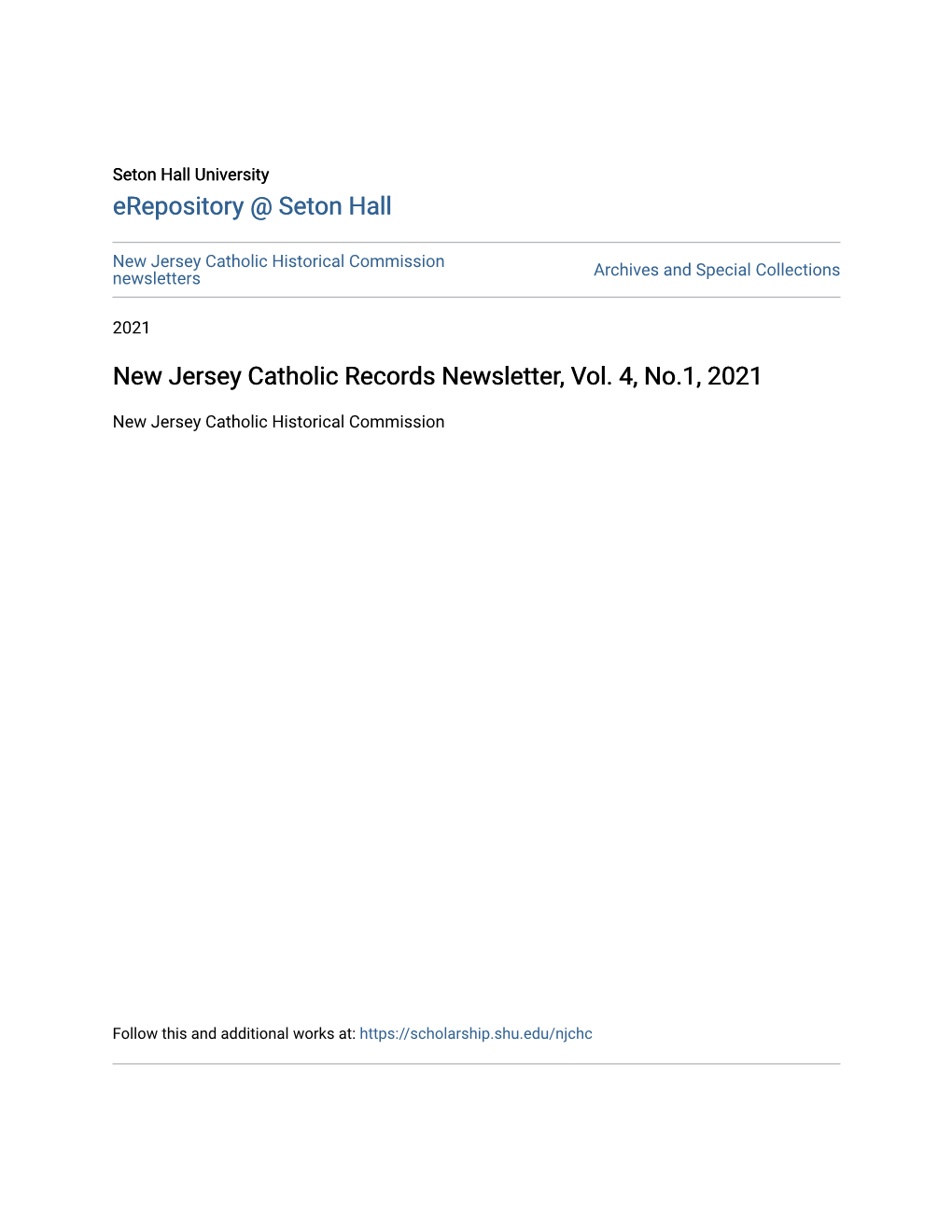 New Jersey Catholic Records Newsletter, Vol. 4, No.1, 2021
