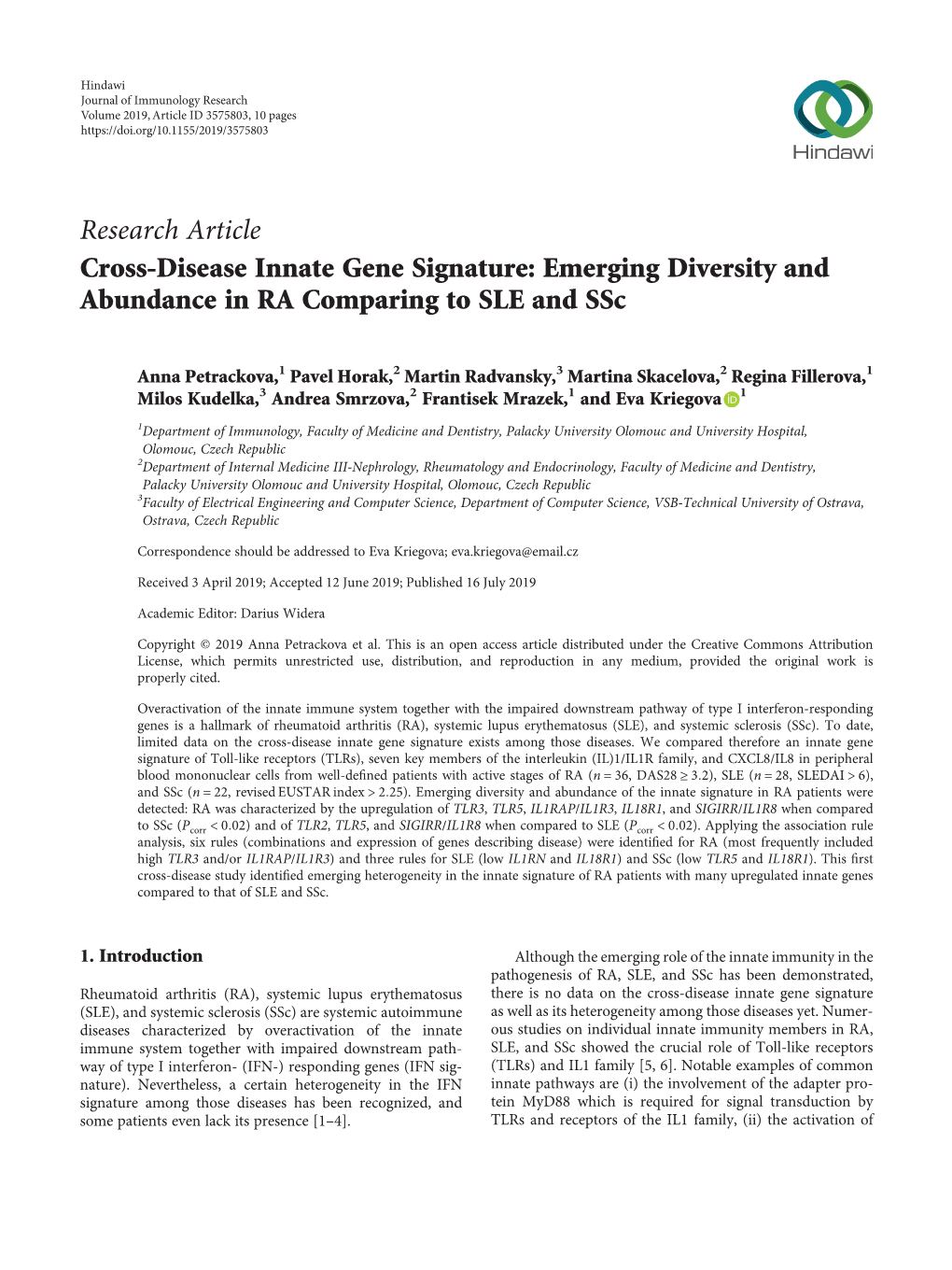 Cross-Disease Innate Gene Signature: Emerging Diversity and Abundance in RA Comparing to SLE and Ssc