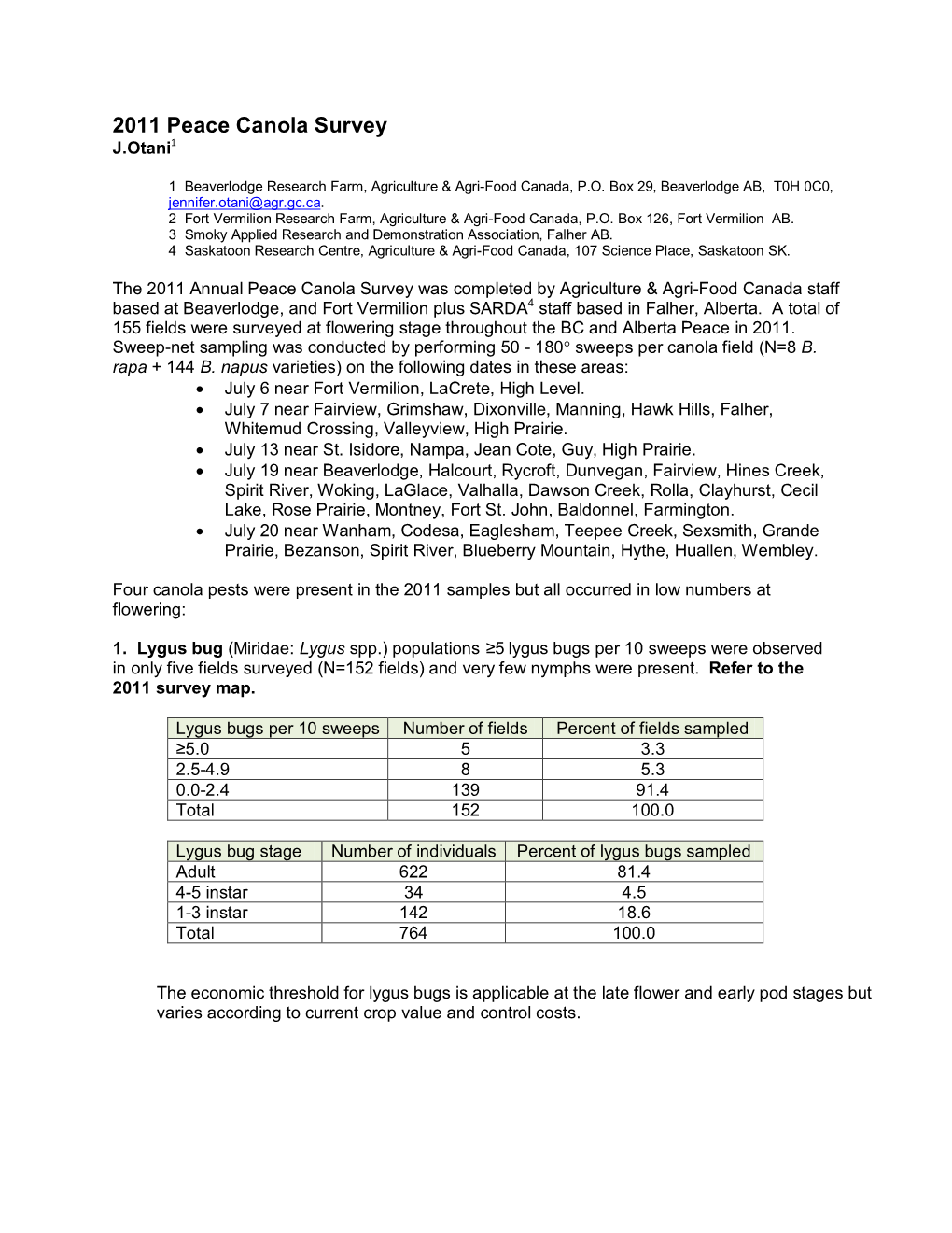 2011 Peace Canola Survey J.Otani1