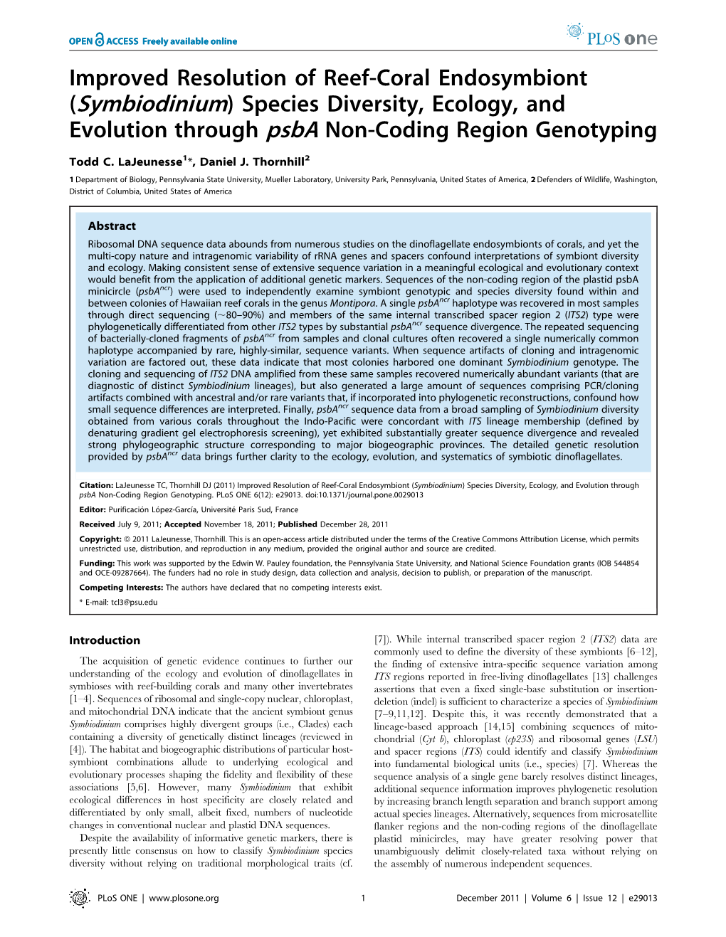 Improved Resolution of Reef-Coral Endosymbiont (Symbiodinium) Species Diversity, Ecology, and Evolution Through Psba Non-Coding Region Genotyping