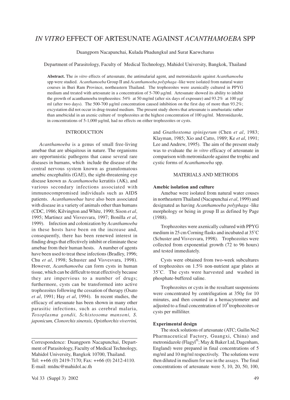 In Vitro Effect of Artesunate Against Acanthamoeba Spp