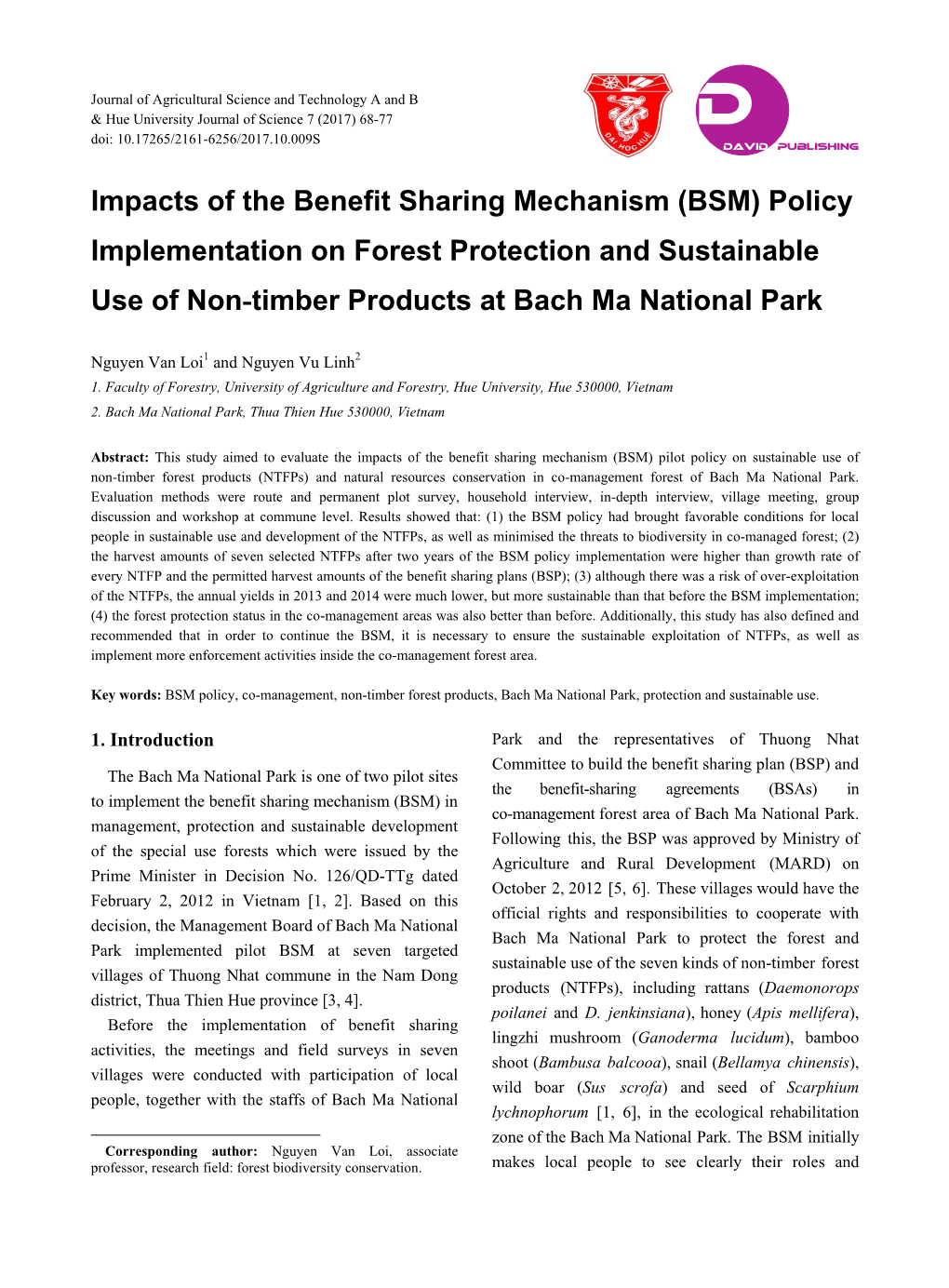 Impacts of the Benefit Sharing Mechanism (BSM) Policy Implementation on Forest Protection and Sustainable Use of Non-Timber Products at Bach Ma National Park