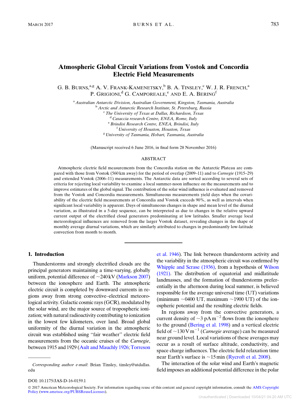 Atmospheric Global Circuit Variations from Vostok and Concordia Electric Field Measurements