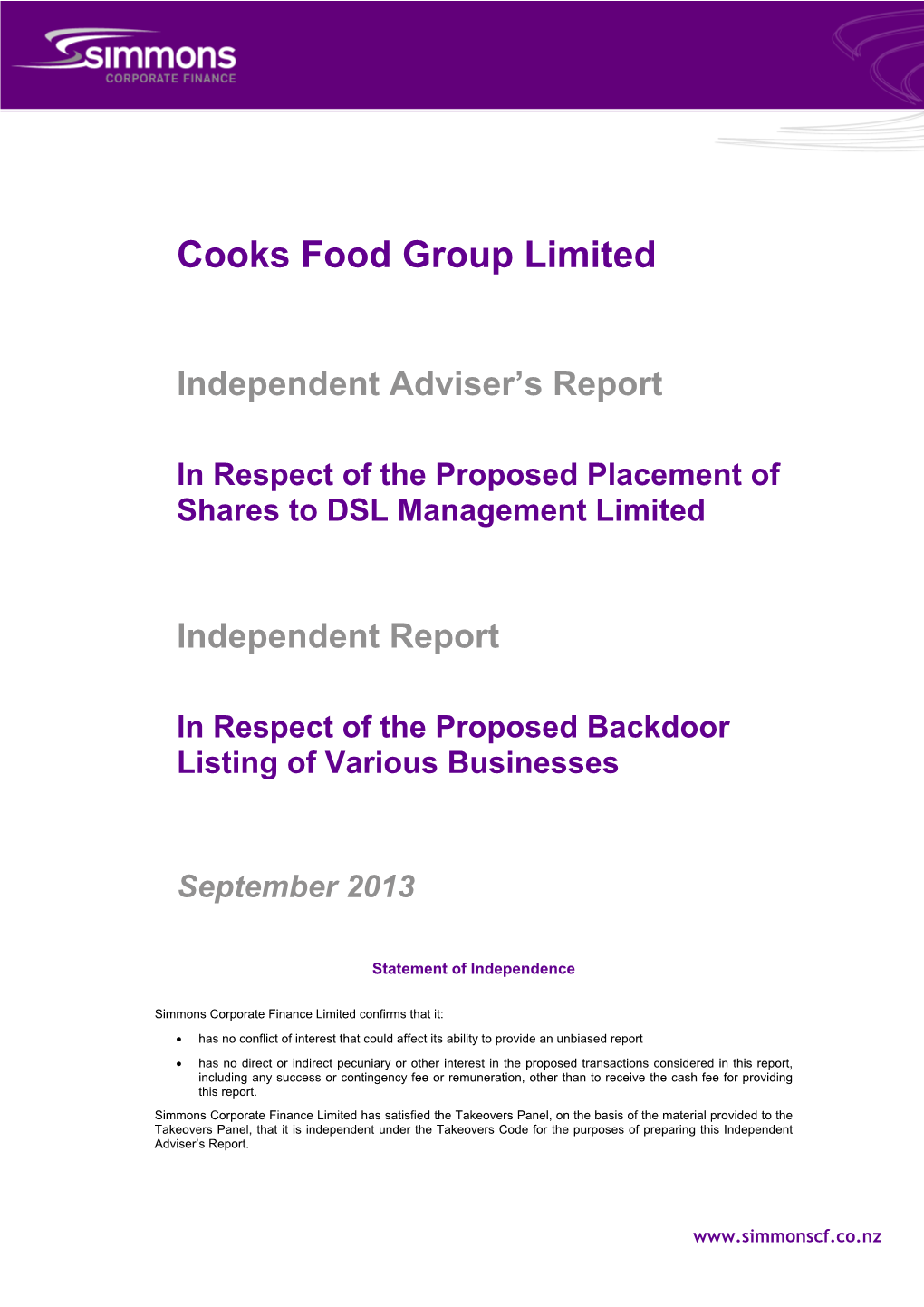 Cooks Food Group Limited 2013 Independent