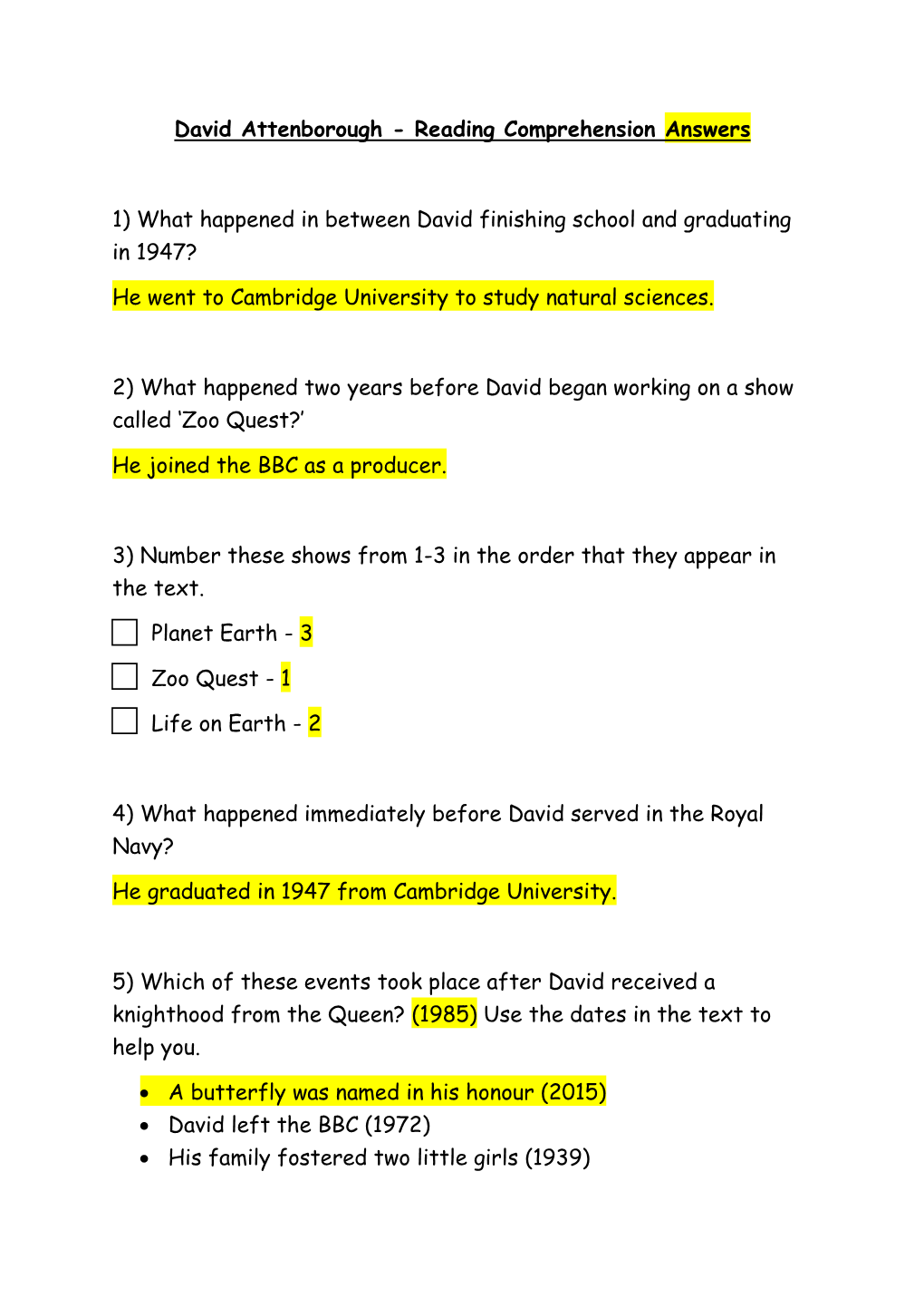 David Attenborough - Reading Comprehension Answers