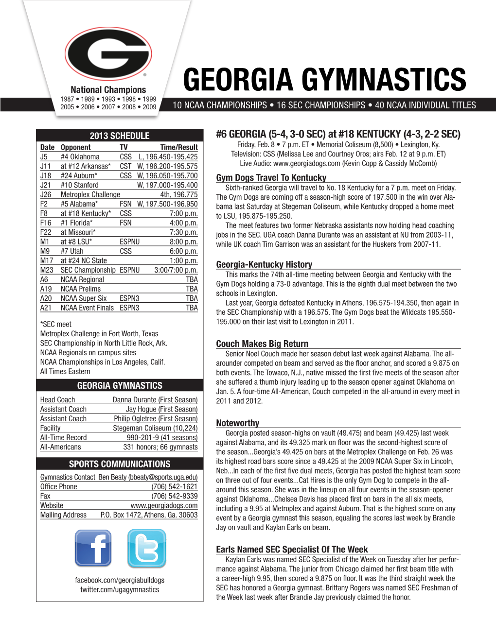 Georgia Gymnastics 1987 • 1989 • 1993 • 1998 • 1999 2005 • 2006 • 2007 • 2008 • 2009 10 Ncaa Championships • 16 Sec Championships • 40 Ncaa Individual Titles