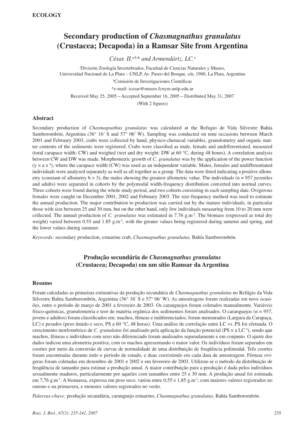 Secondary Production of Chasmagnathus