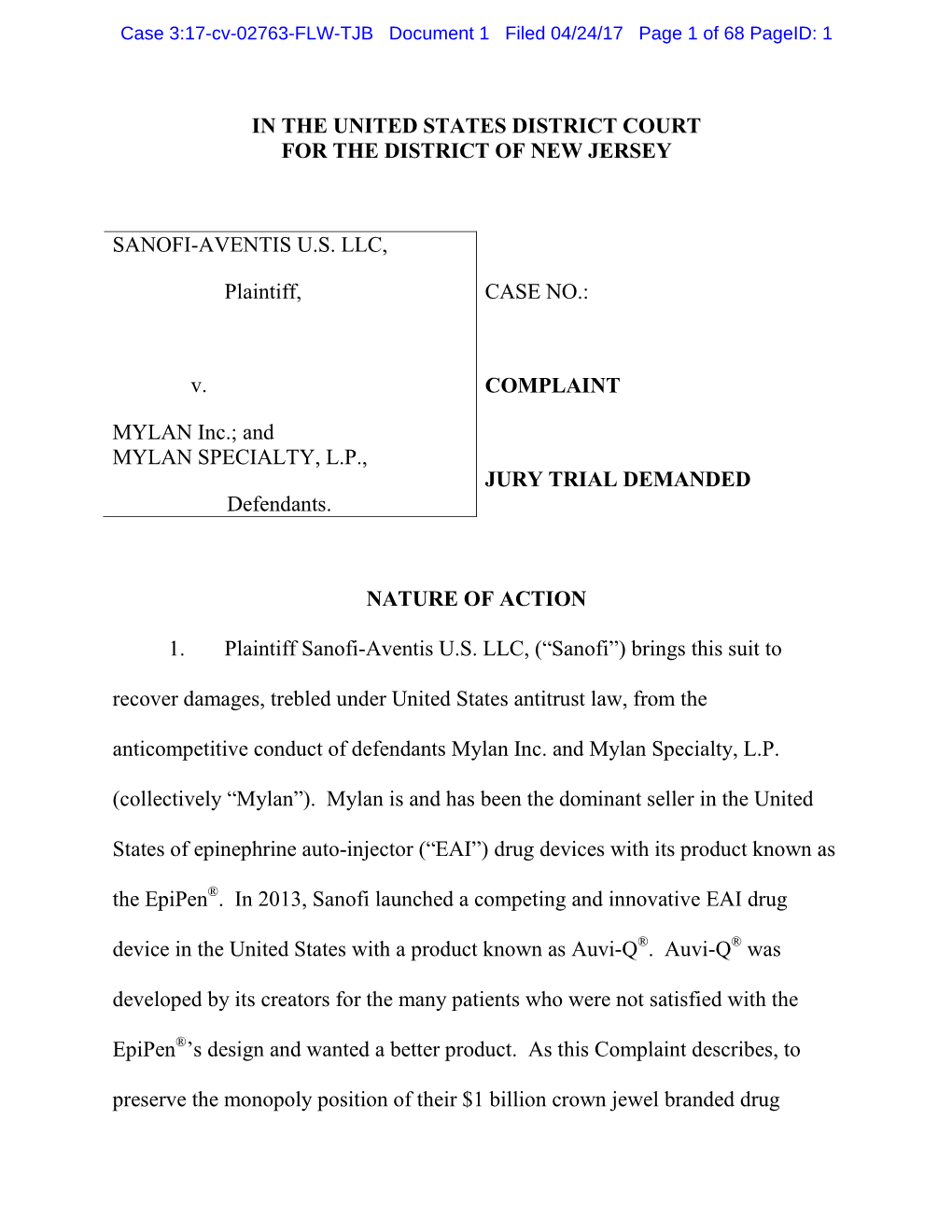 Case 3:17-Cv-02763-FLW-TJB Document 1 Filed 04/24/17 Page 1 of 68 Pageid: 1