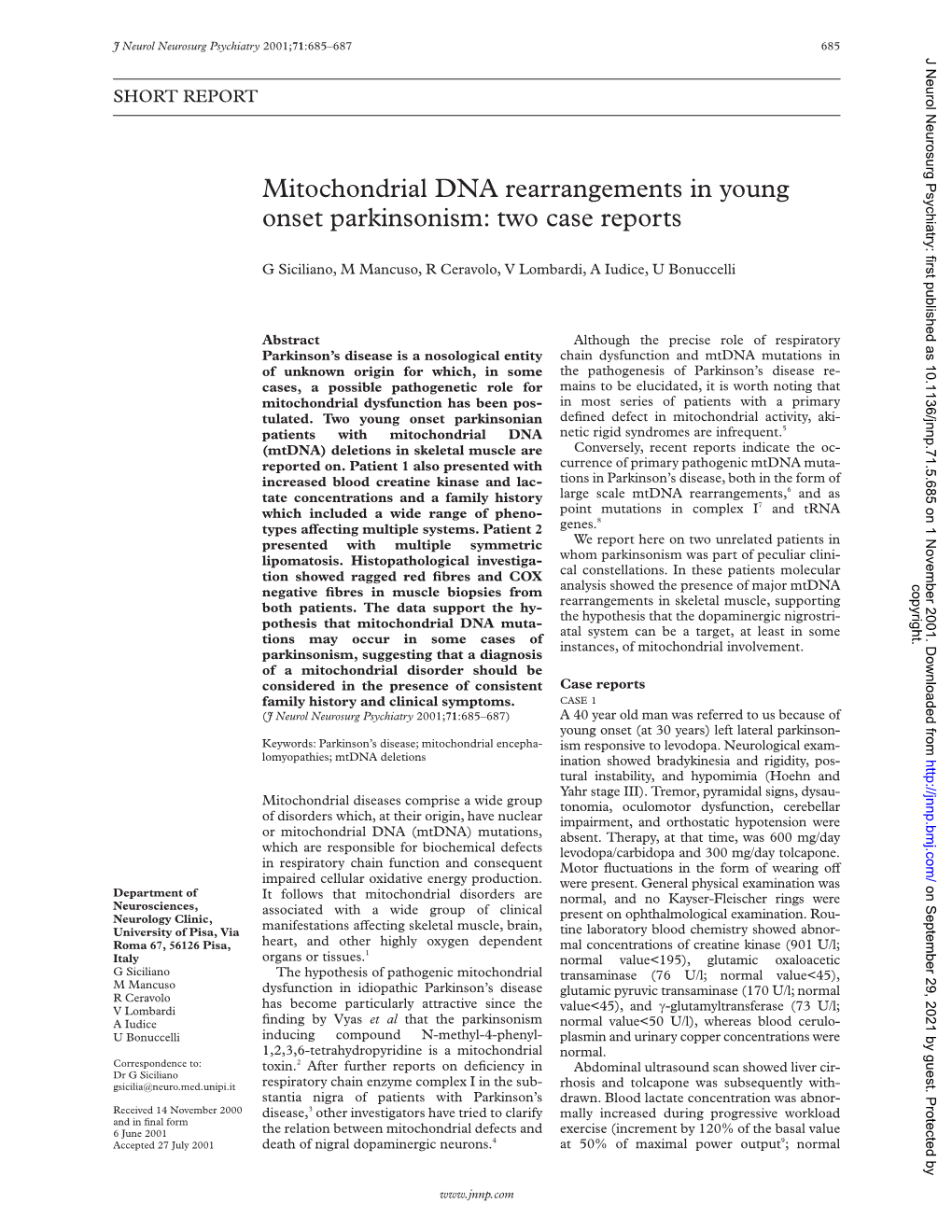 Mitochondrial DNA Rearrangements in Young Onset Parkinsonism: Two Case Reports