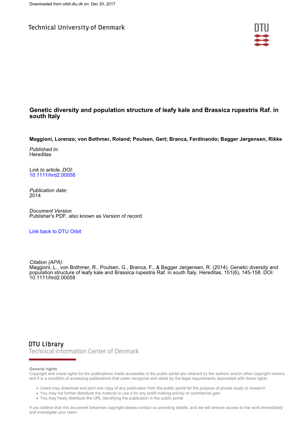 Genetic Diversity and Population Structure of Leafy Kale and Brassica Rupestris Raf