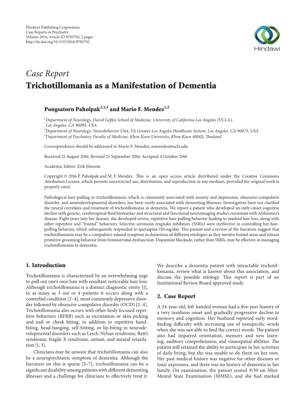 Case Report Trichotillomania As a Manifestation of Dementia