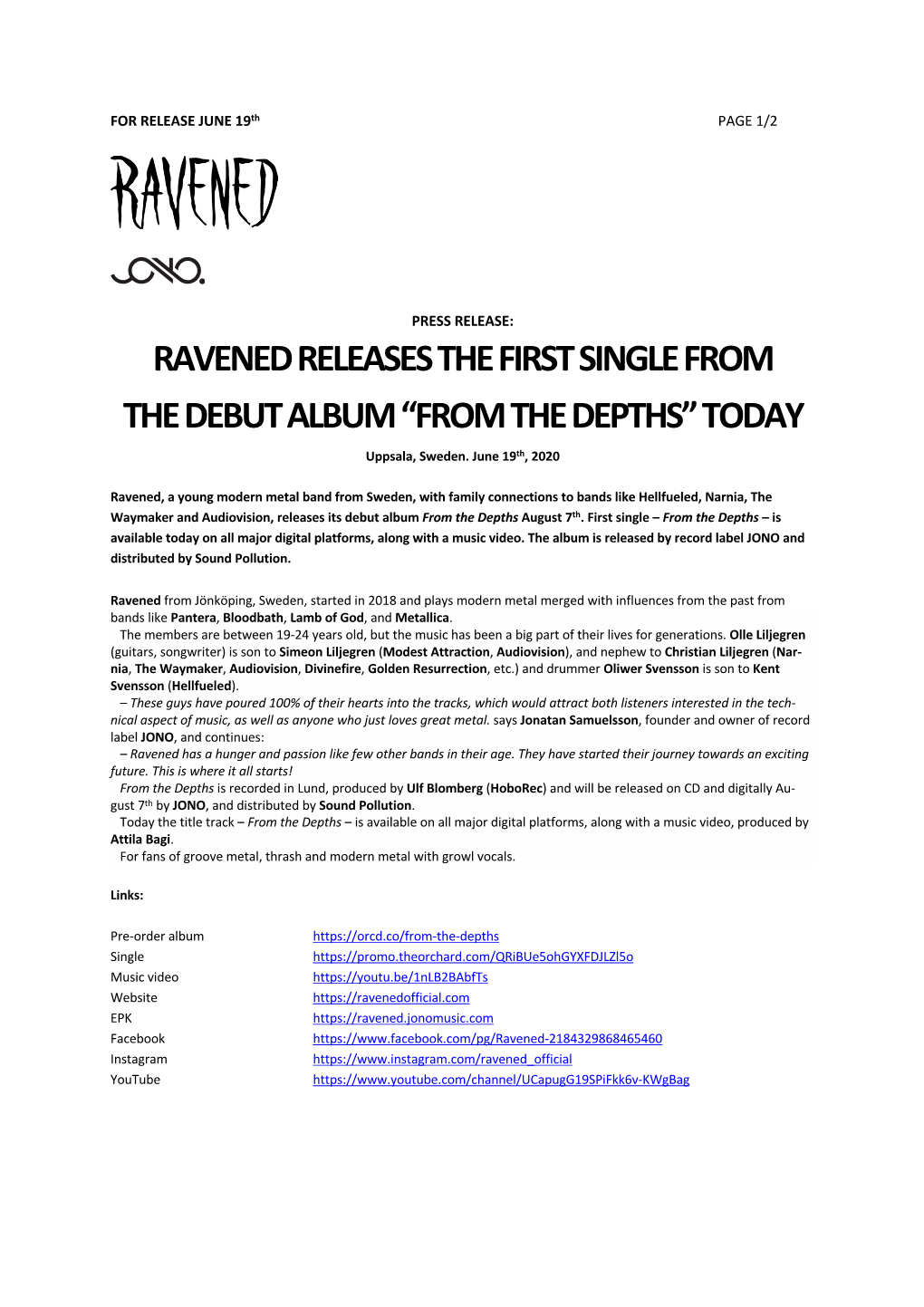 RAVENED RELEASES the FIRST SINGLE from the DEBUT ALBUM “FROM the DEPTHS” TODAY Uppsala, Sweden