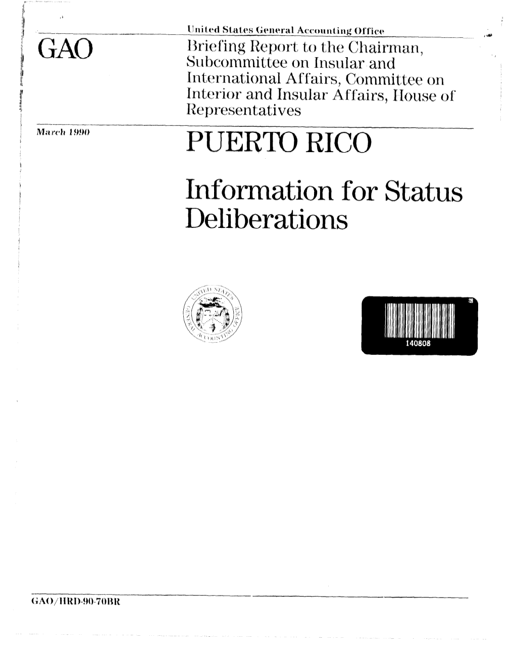 HRD-90-70BR Puerto Rico: Information for Status Deliberations