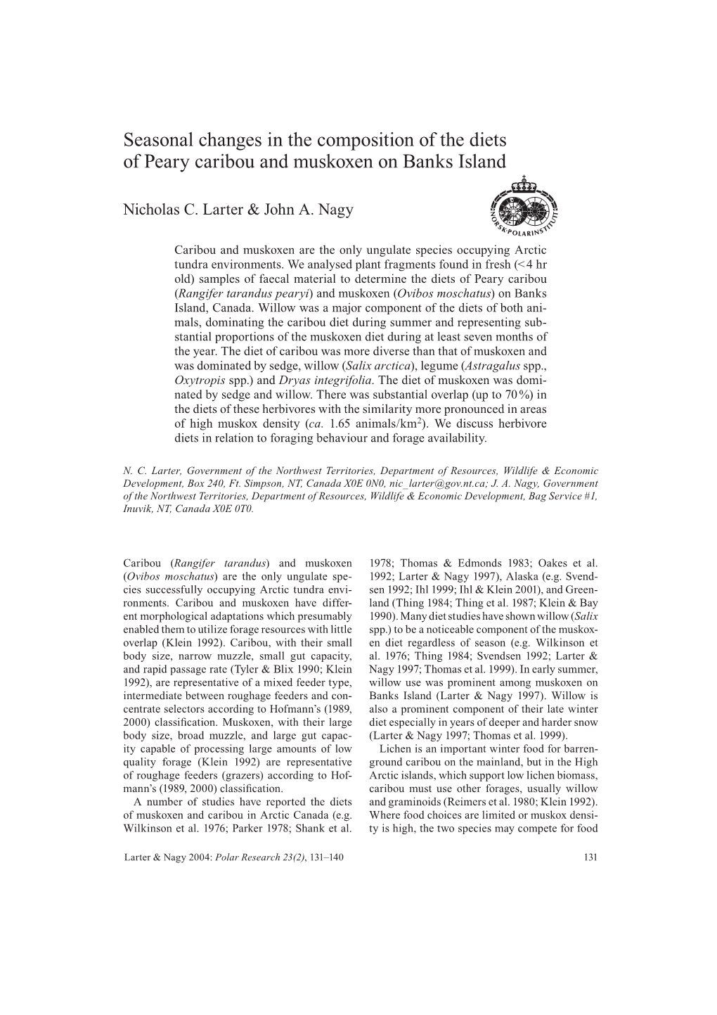 Seasonal Changes in the Composition of the Diets of Peary Caribou and Muskoxen on Banks Island