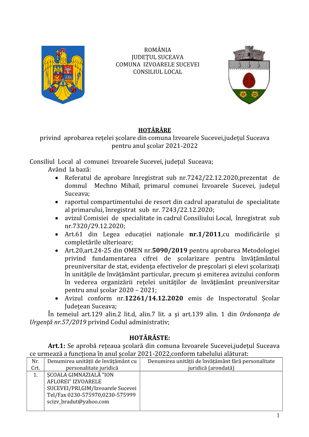 Privind Aprobarea Rețelei Școlare Din Comuna Izvoarele Sucevei,Județul Suceava Pentru Anul Școlar 2021-2022