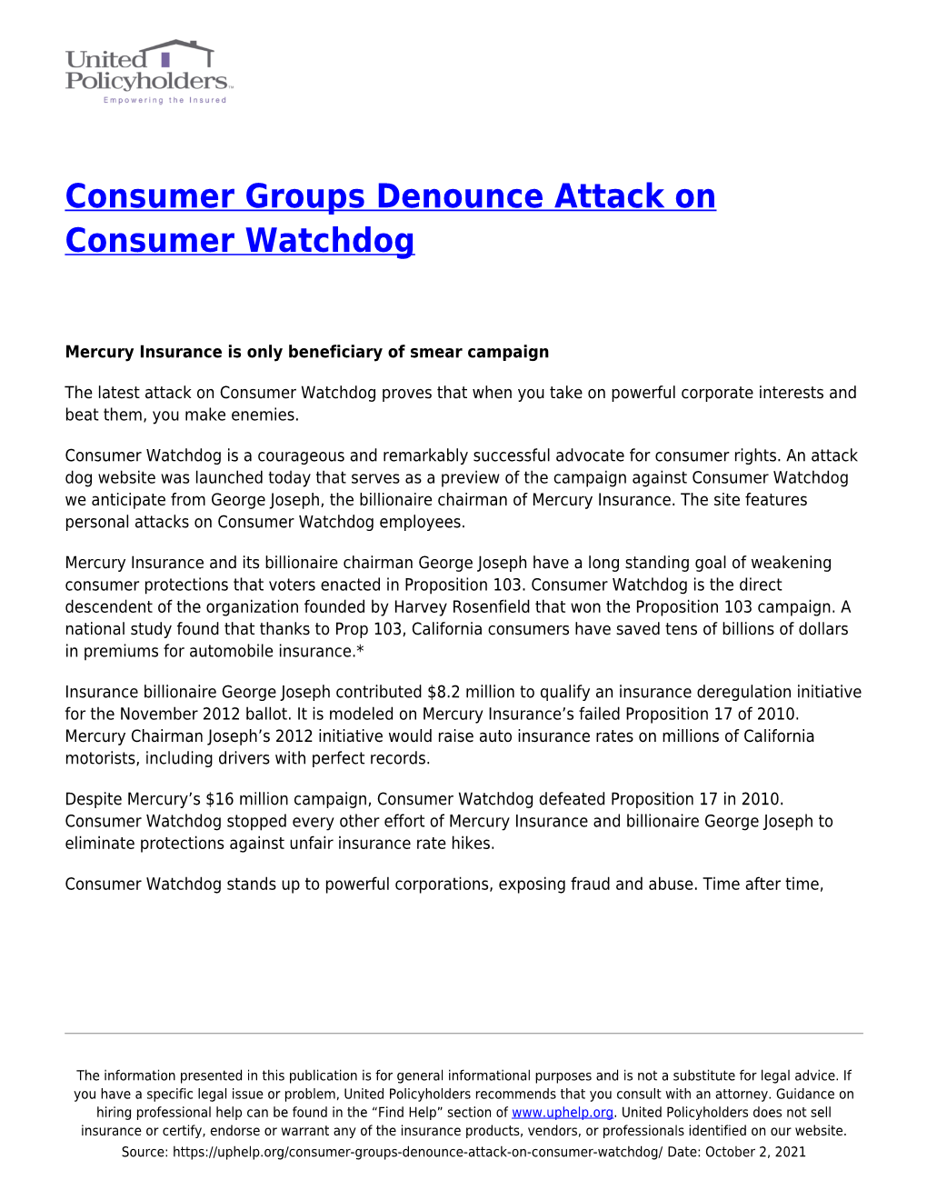 Consumer Groups Denounce Attack on Consumer Watchdog