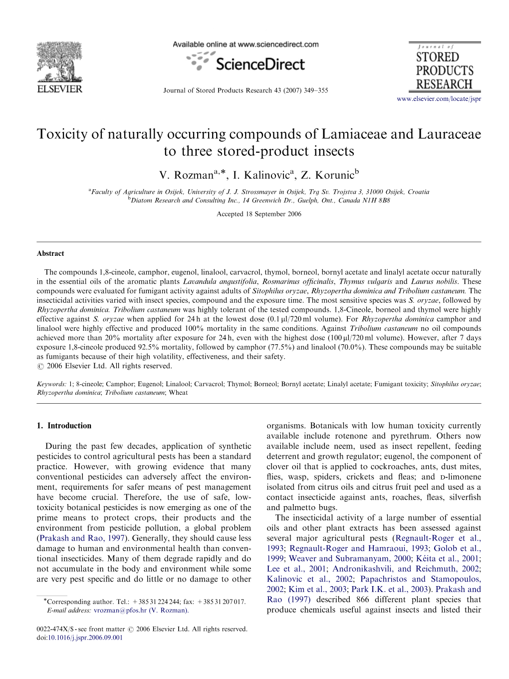 Toxicity of Naturally Occurring Compounds of Lamiaceae and Lauraceae to Three Stored-Product Insects