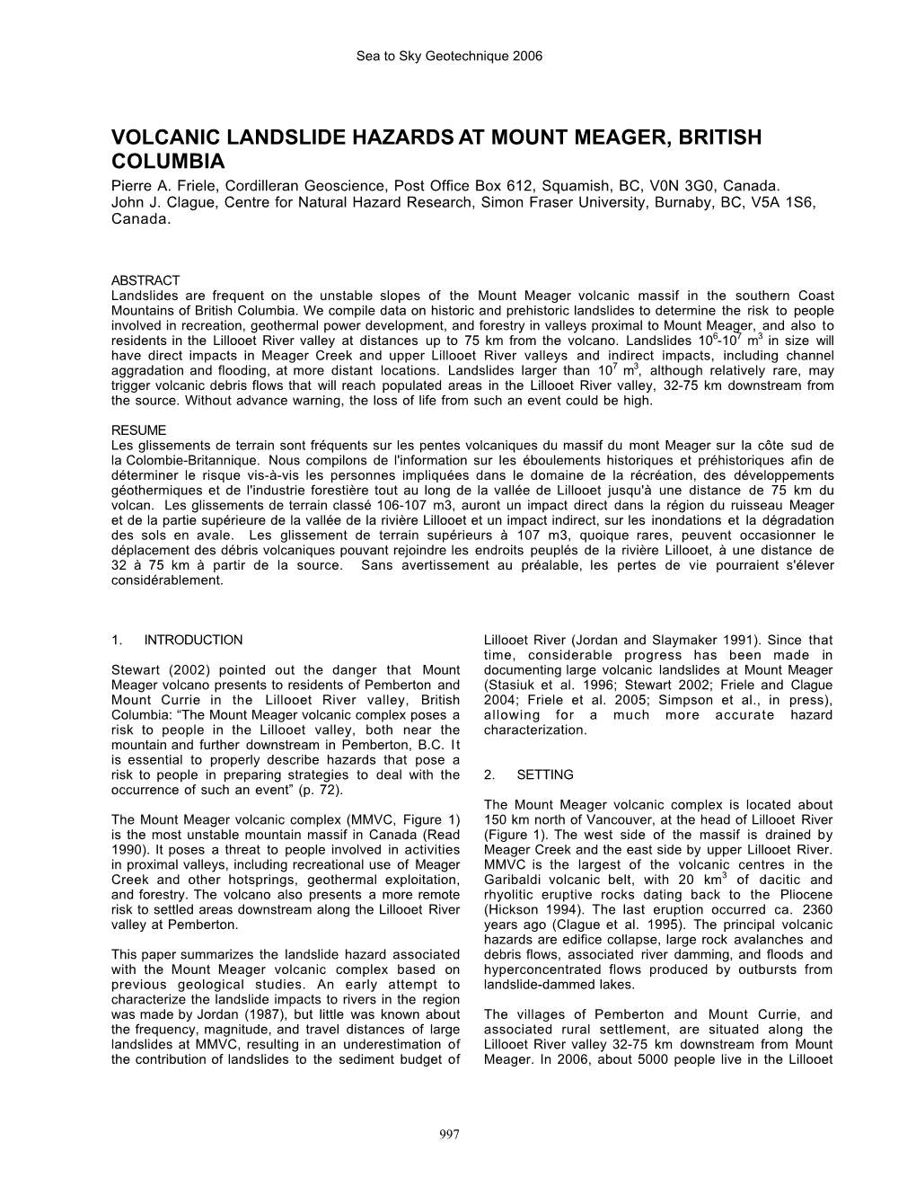 VOLCANIC LANDSLIDE HAZARDS at MOUNT MEAGER, BRITISH COLUMBIA Pierre A