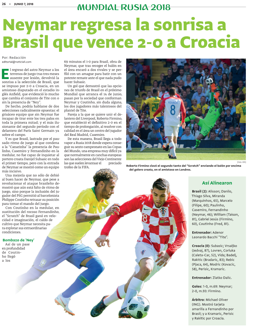 Neymar Regresa La Sonrisa a Brasil Que Vence 2-0 a Croacia