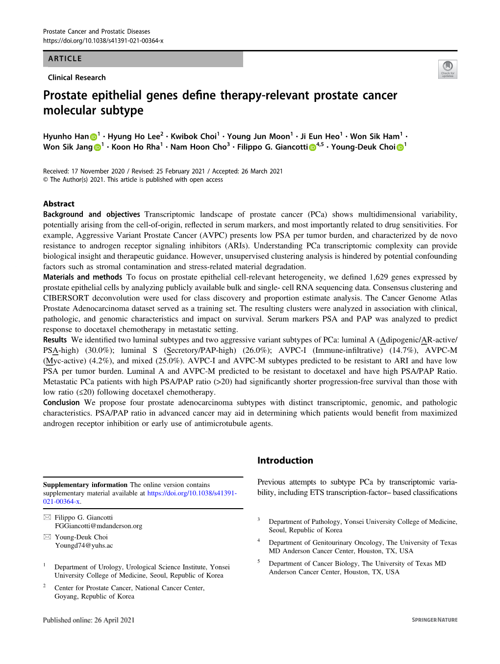 Prostate Epithelial Genes Define Therapy-Relevant Prostate Cancer