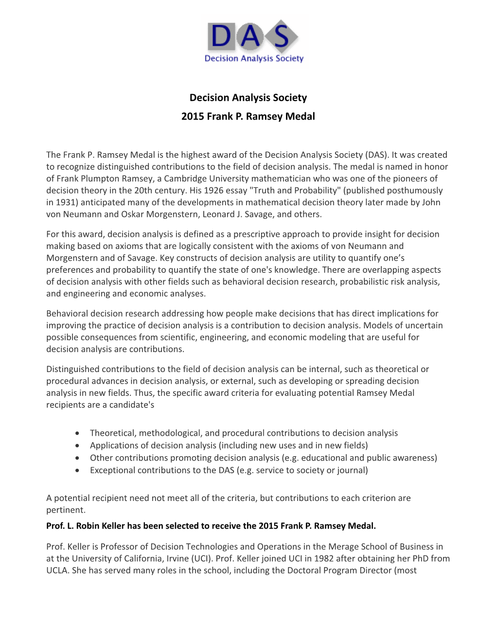 Decision Analysis Society 2015 Frank P. Ramsey Medal