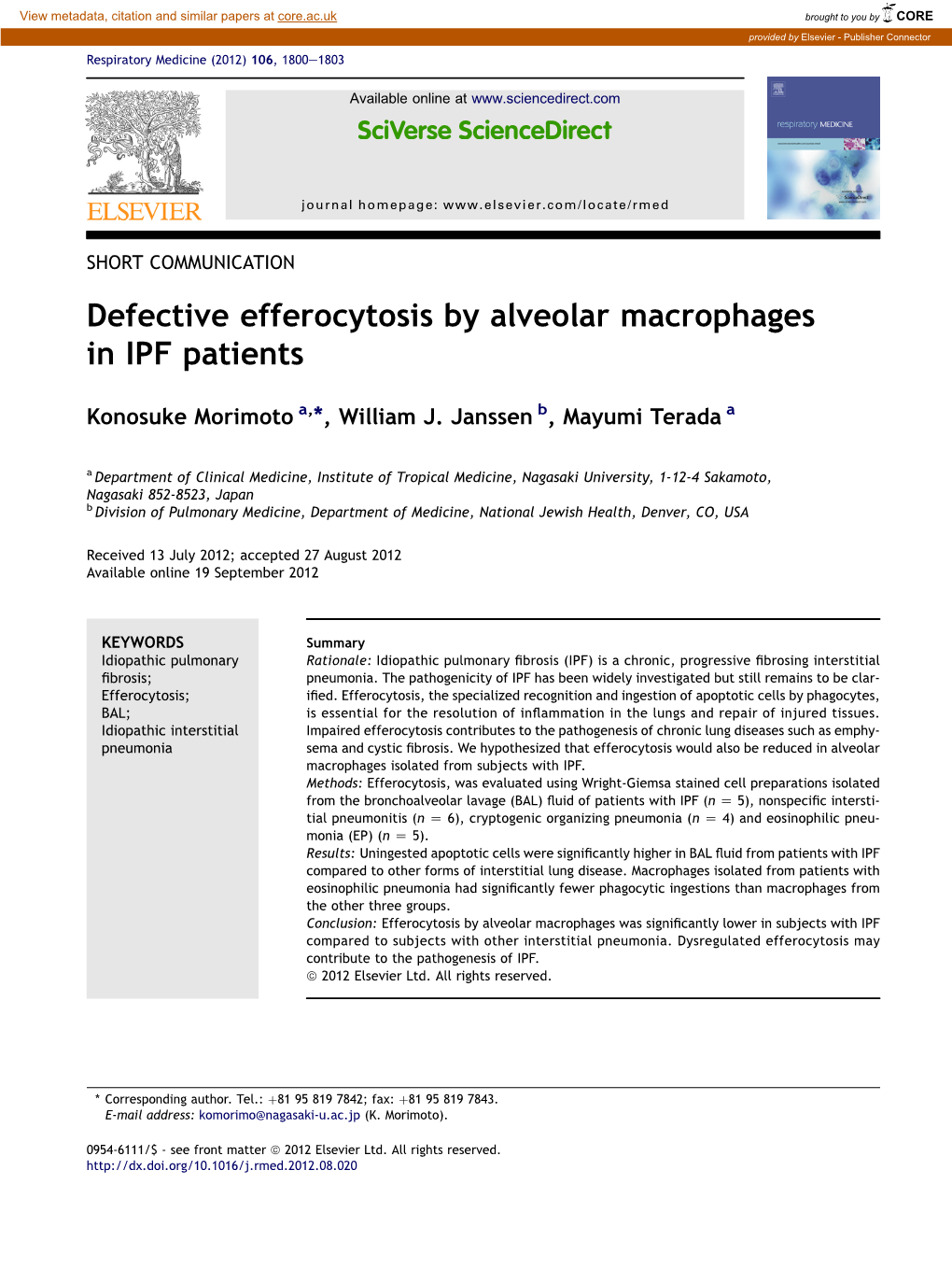 Defective Efferocytosis by Alveolar Macrophages in IPF Patients