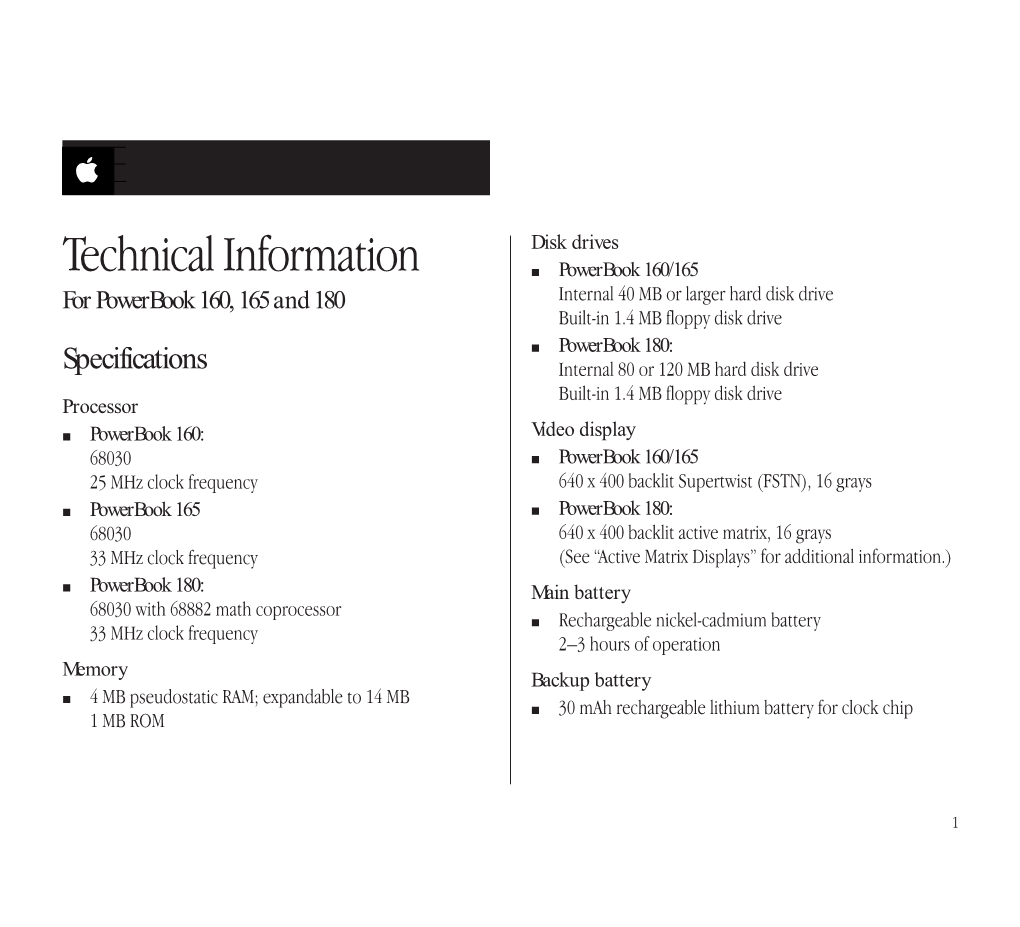 Technical Info. for Powerbook 160, 165 And