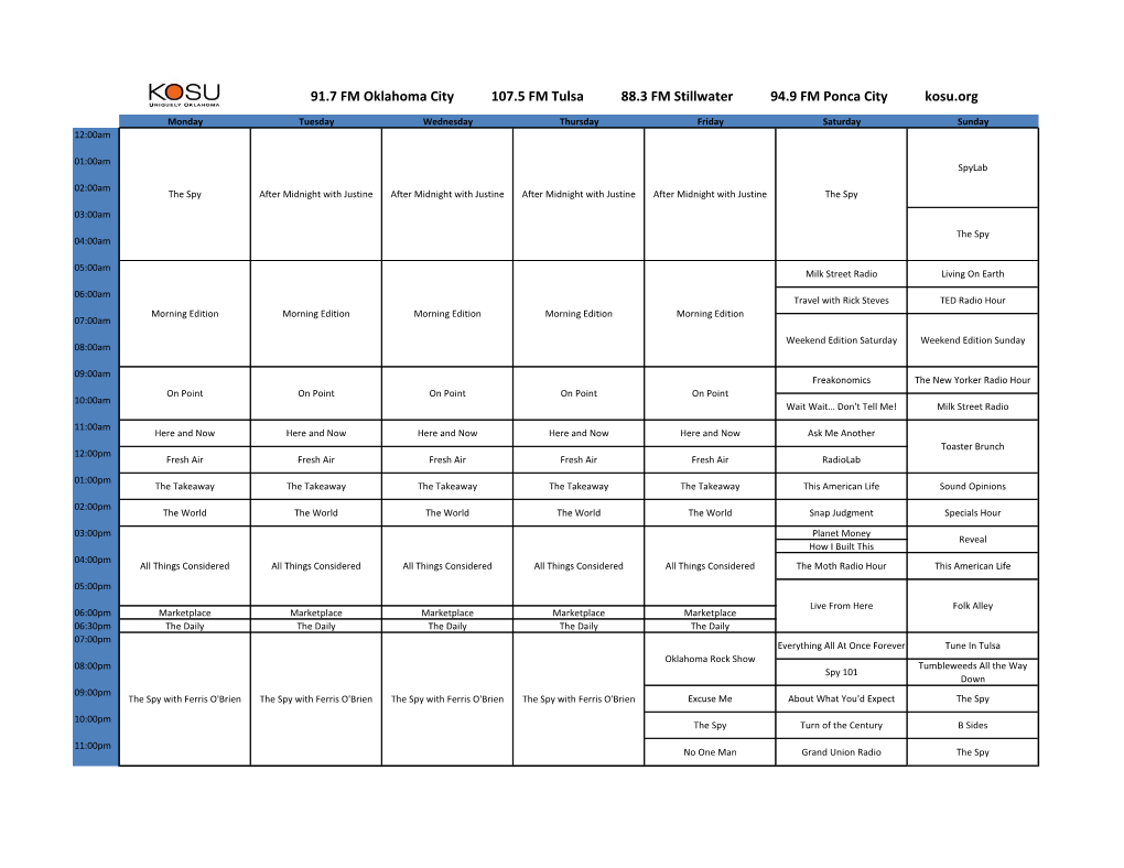 91.7 FM Oklahoma City 107.5 FM Tulsa 88.3 FM Stillwater 94.9 FM Ponca City Kosu.Org