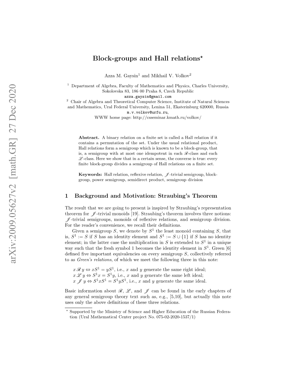 Arxiv:2009.05627V2 [Math.GR] 27 Dec 2020