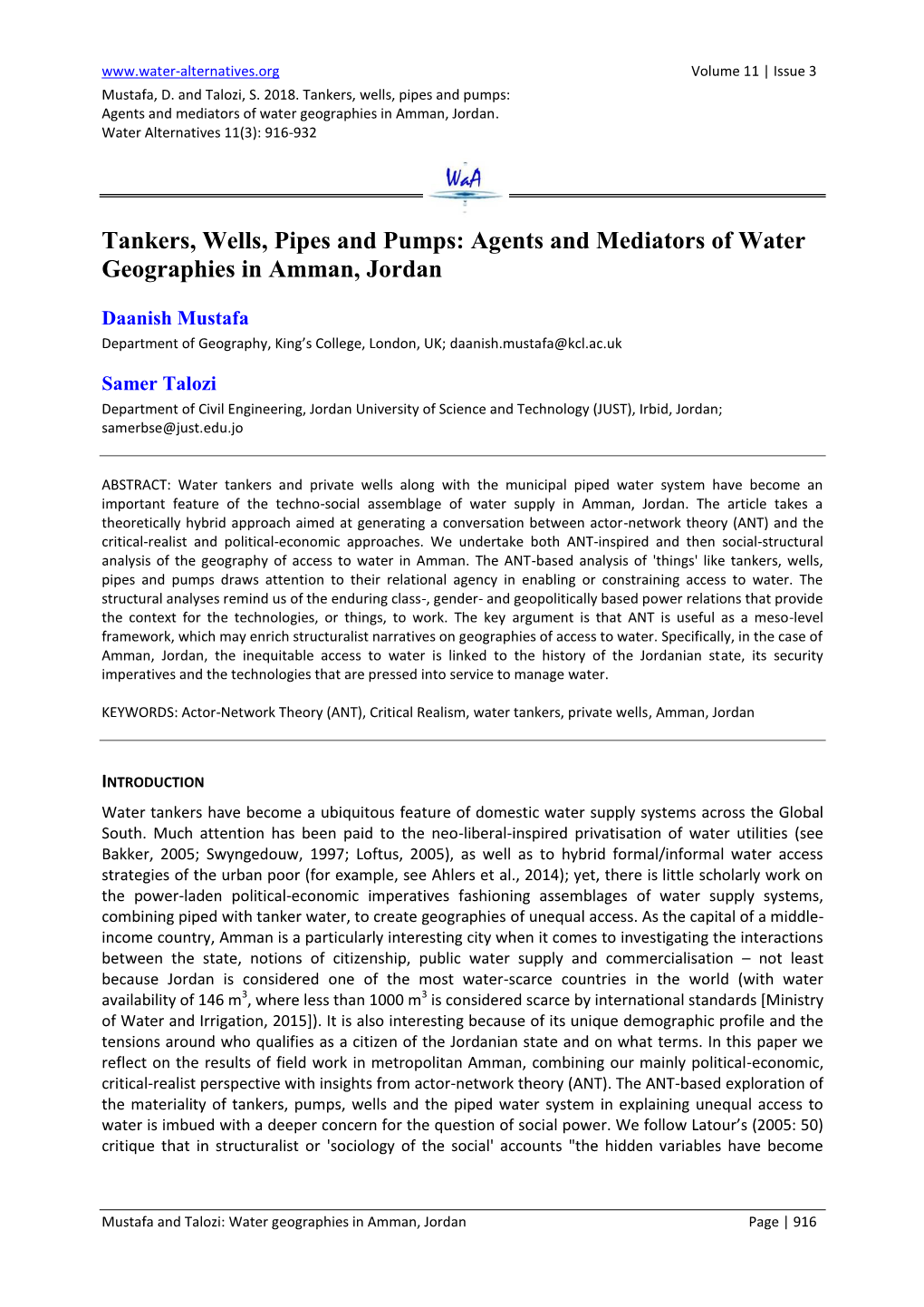 Agents and Mediators of Water Geographies in Amman, Jordan