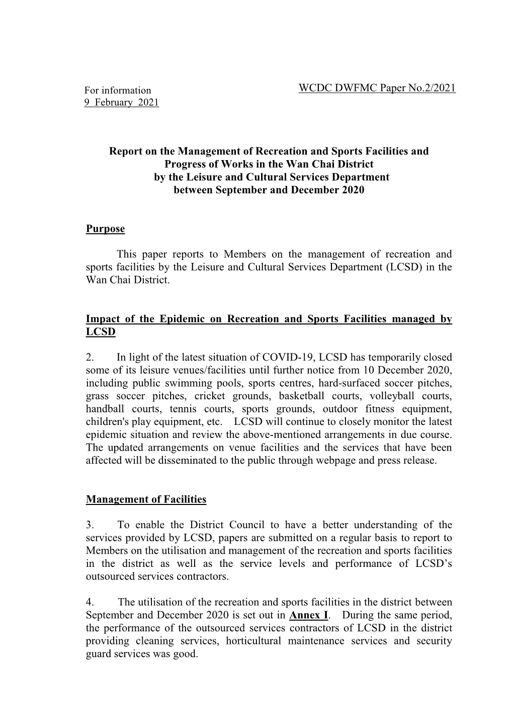 Report on the Management of Recreation and Sports Facilities