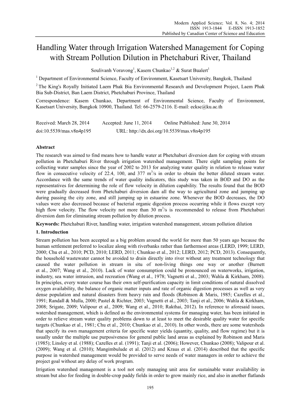 Handling Water Through Irrigation Watershed Management for Coping with Stream Pollution Dilution in Phetchaburi River, Thailand