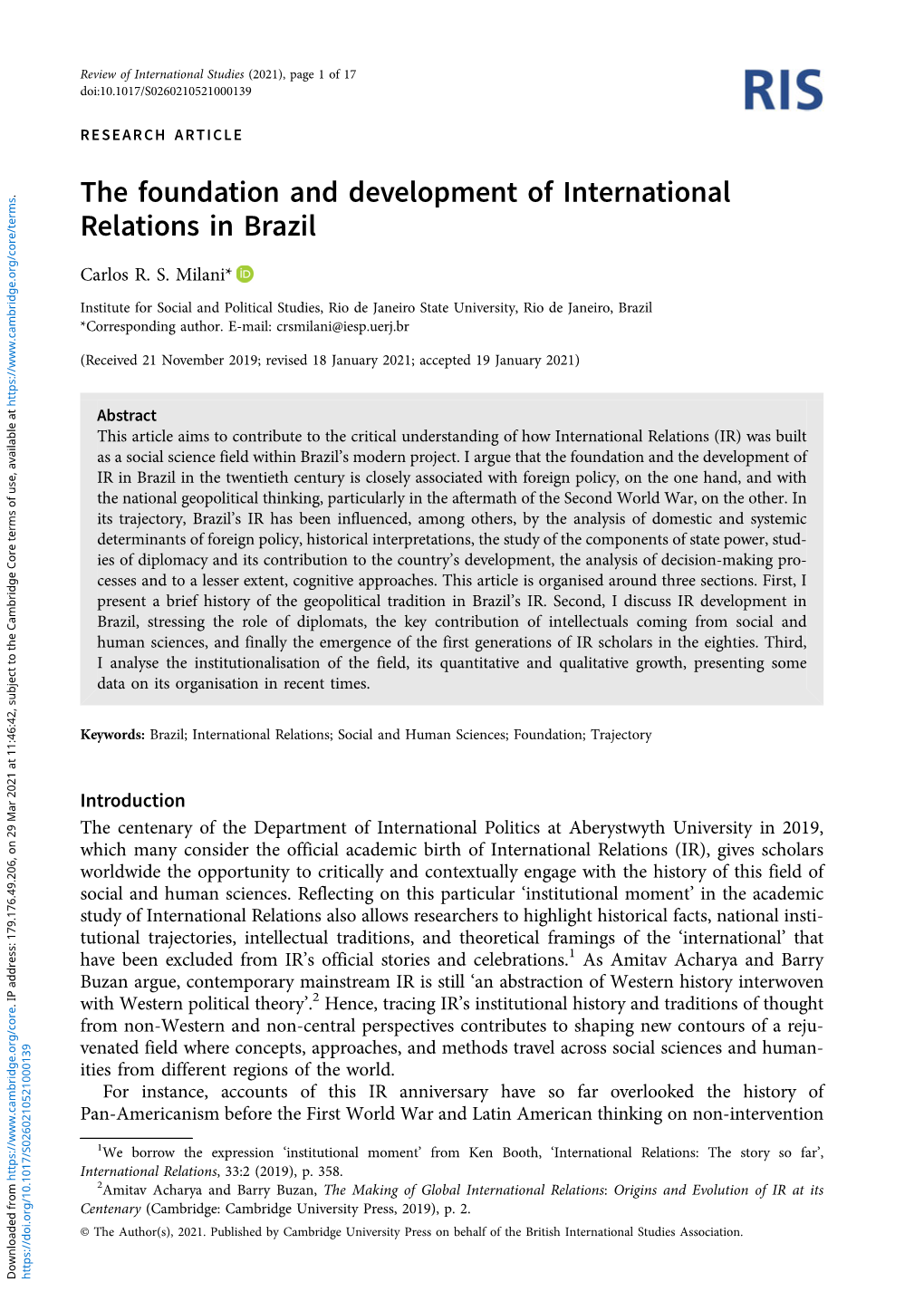 The Foundation and Development of International Relations in Brazil