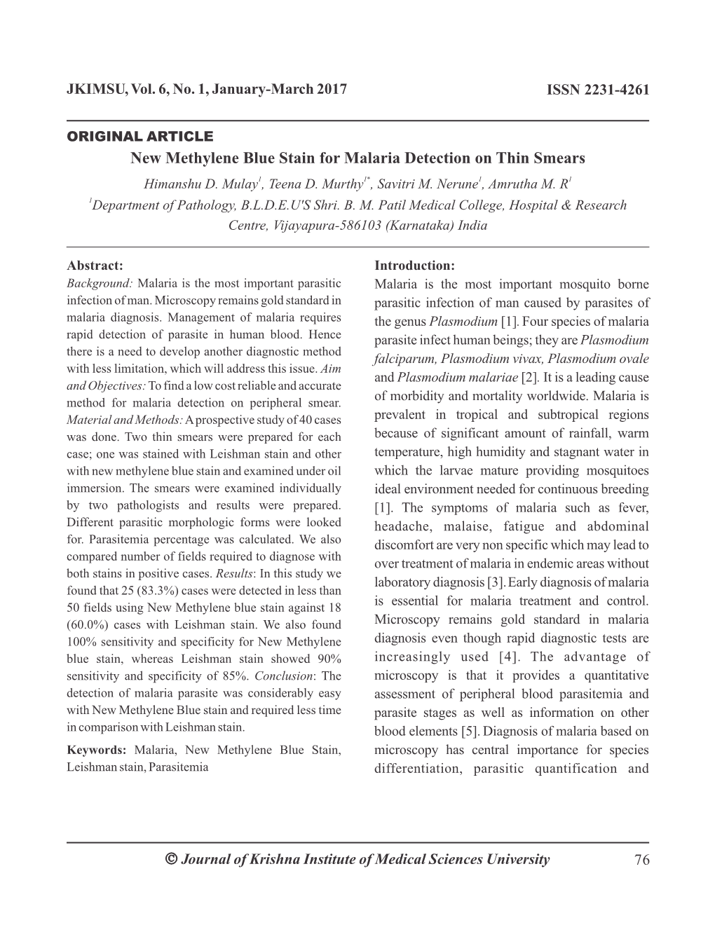 Ó New Methylene Blue Stain for Malaria Detection on Thin Smears