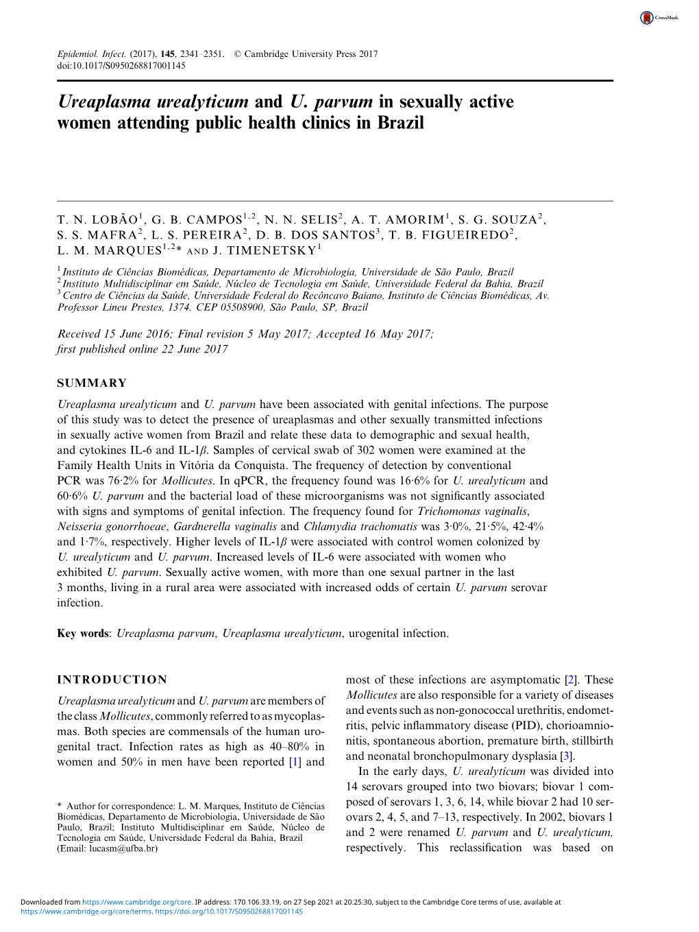 Ureaplasma Urealyticum and U. Parvum in Sexually Active Women Attending Public Health Clinics in Brazil