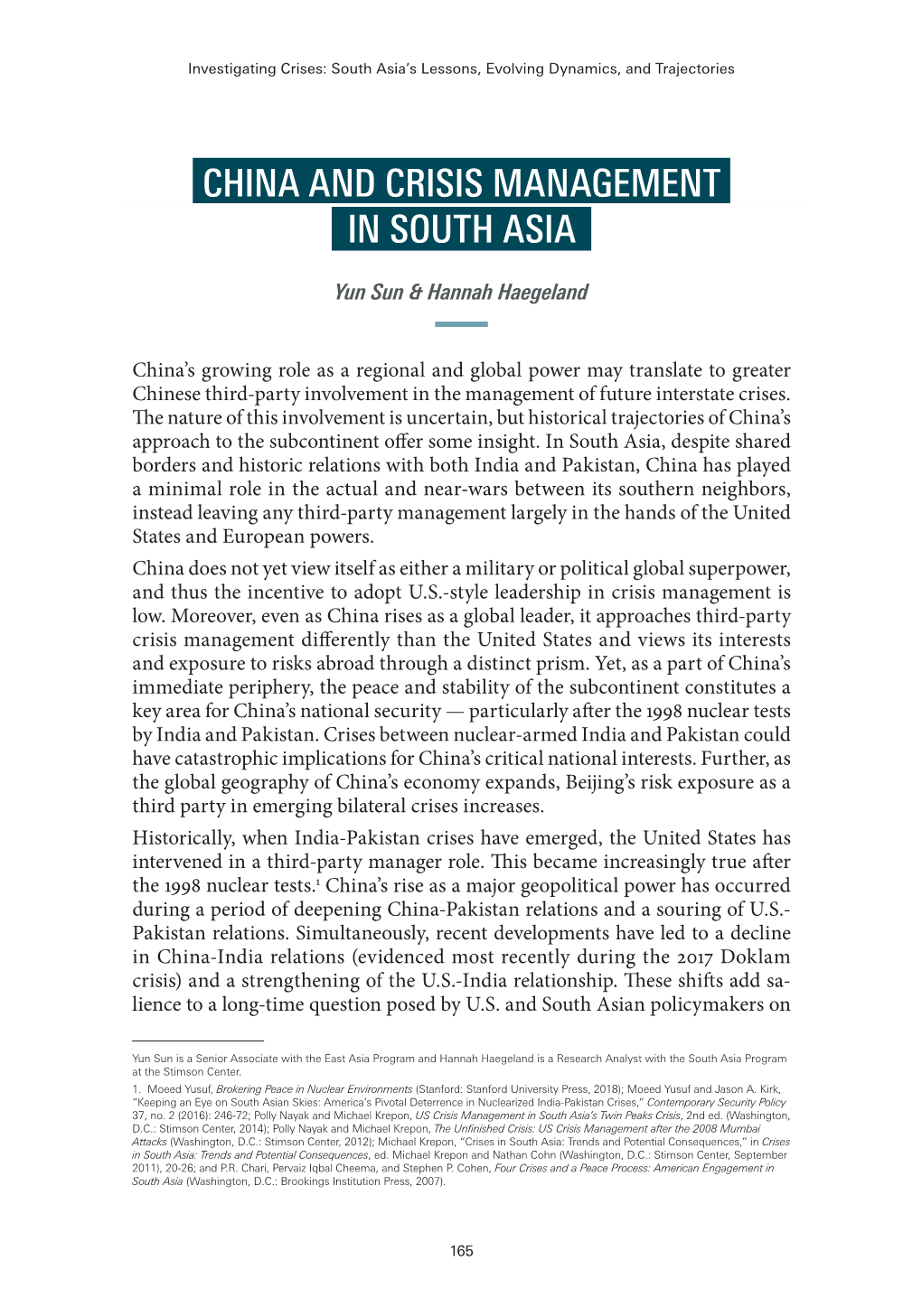 China and Crisis Management in South Asia