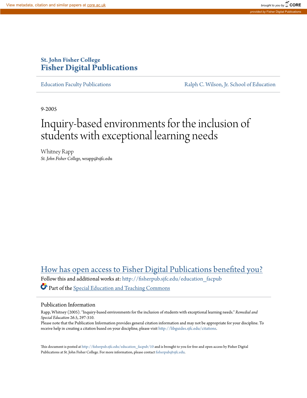 Inquiry-Based Environments for the Inclusion of Students with Exceptional Learning Needs Whitney Rapp St